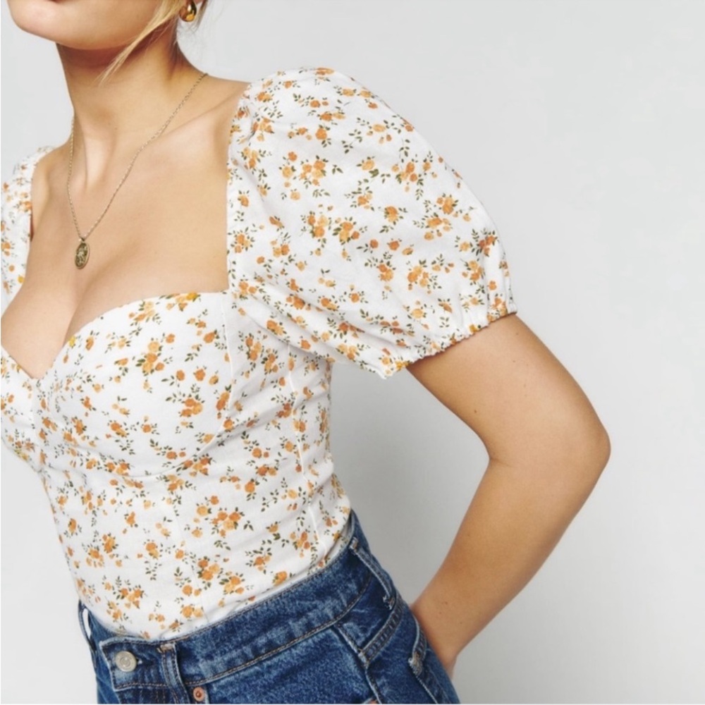 Reformation Andra White Yellow Floral Puff Sleeves Smocked Top Size 6 - Picture 2 of 13